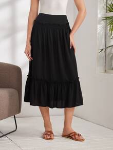 EMERY ROSE Váy nữ viền lá sen Viên lá sen Dải chun màu trơn Giải trí - màu đen - Xem 3