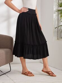 EMERY ROSE Váy nữ viền lá sen Viên lá sen Dải chun màu trơn Giải trí - màu đen - Xem 2