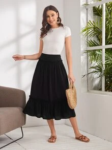 EMERY ROSE Váy nữ viền lá sen Viên lá sen Dải chun màu trơn Giải trí - màu đen - Xem 5