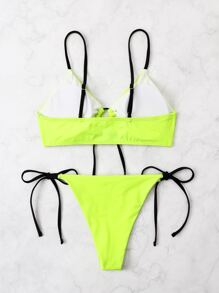 Tie Front Thong Bikini For Summer Beach - Lime Green - View 5
