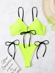 Tie Front Thong Bikini For Summer Beach - Lime Green - View 4