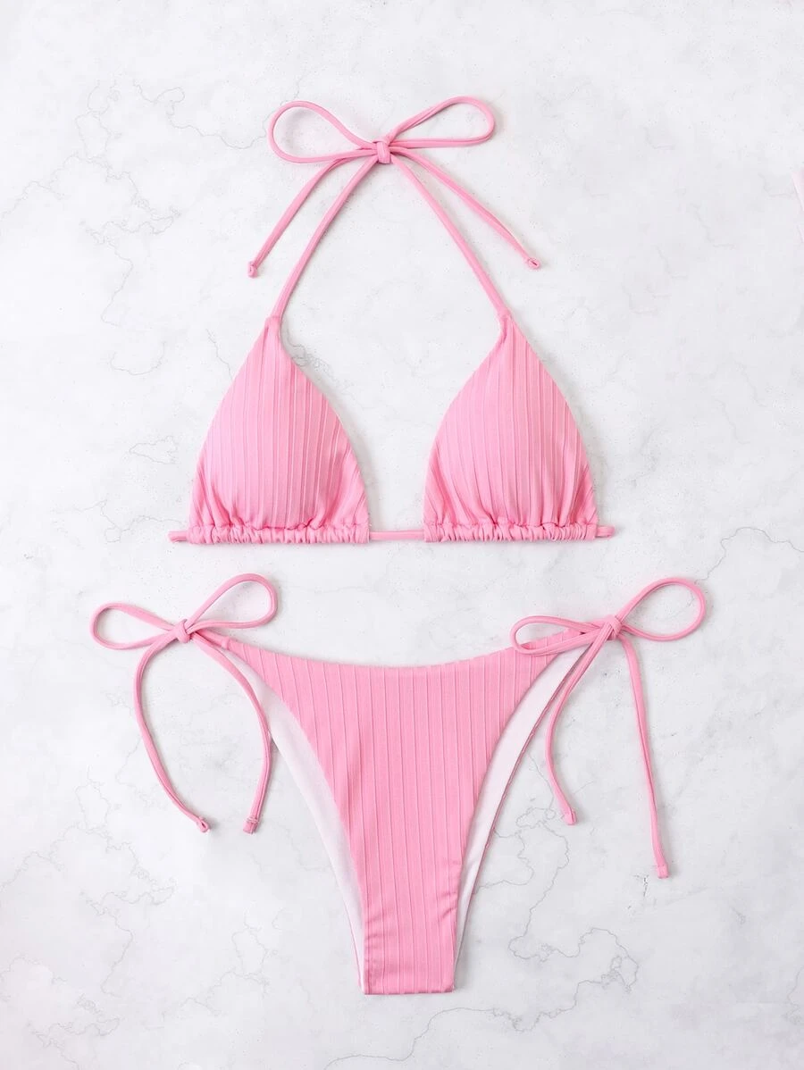 SHEIN Swim Bộ bikini buộc dây tam giác hở lưng, cho kỳ nghỉ hè ở bãi biển - Màu Hồng  San hô - Xem 1