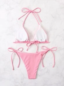 SHEIN Swim Bộ bikini buộc dây tam giác hở lưng, cho kỳ nghỉ hè ở bãi biển - Màu Hồng  San hô - Xem 2