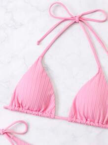 SHEIN Swim Bộ bikini buộc dây tam giác hở lưng, cho kỳ nghỉ hè ở bãi biển - Màu Hồng  San hô - Xem 3