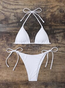 SHEIN Swim 夏季海灘長頸吊頸三角形綁帶式比基尼 - 白色 - 查看 1