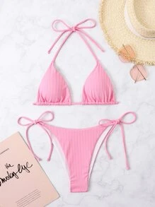 SHEIN Swim Bộ bikini buộc dây tam giác hở lưng, cho kỳ nghỉ hè ở bãi biển - Màu Hồng  San hô - Xem 5
