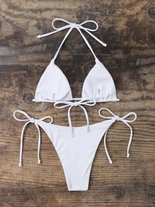 SHEIN Swim 夏季海灘長頸吊頸三角形綁帶式比基尼 - 白色 - 查看 2