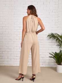 SHEIN Jumpsuit de cintura con nudo unicolor - Albaricoque - Ver 2