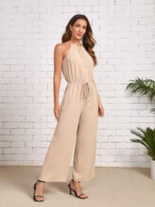 SHEIN Jumpsuit de cintura con nudo unicolor - Albaricoque - Ver 3