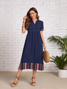 EMERY ROSE Vestido de cuello de muesca con estampado de rayas - Azul Marino - Ver 1