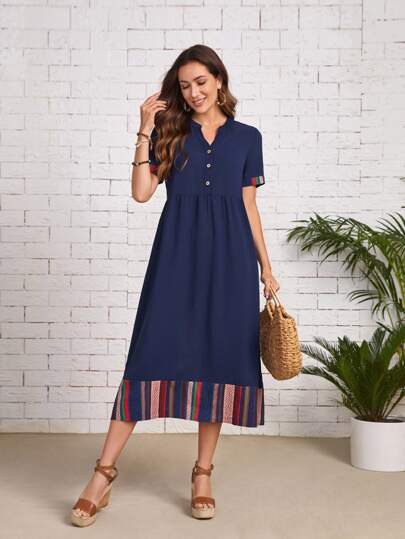 EMERY ROSE Notched Neck Striped Print Dress