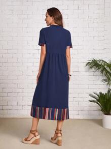 EMERY ROSE Vestido de cuello de muesca con estampado de rayas - Azul Marino - Ver 2