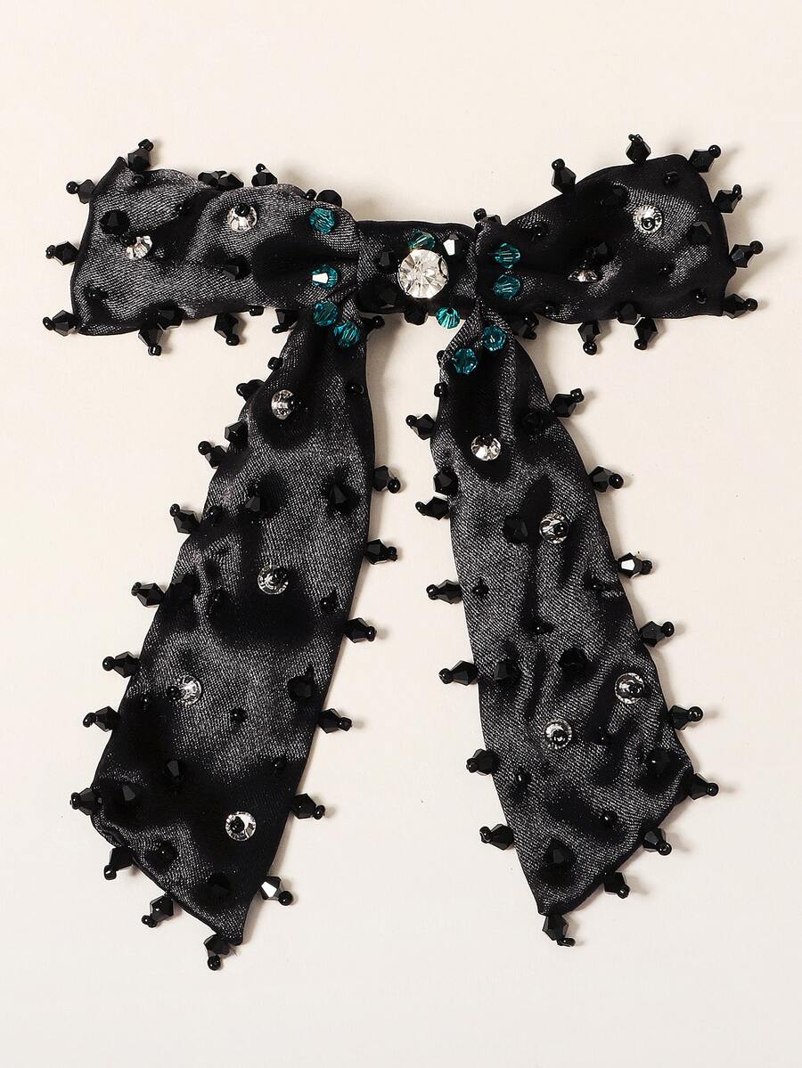 Kẹp tóc trang trí bằng pha lê & nơ - màu đen - Xem 1