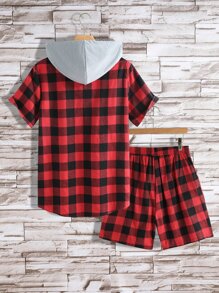 Manfinity 男士大格紋補丁貼口袋抽繩連帽襯衫和短褲 - 彩色 - 查看 2