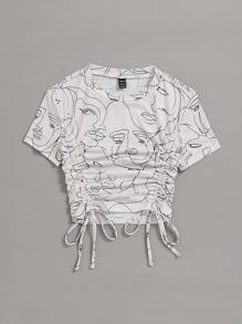 SHEIN Unity Abstract Figure Graphic Drawstring Front Tee Graphic Tees Women Tops - White - View 4