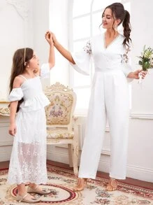 Modelyn 1入組拼接水溶蕾絲荷葉袖闊腿連體褲 - 白色 - 查看 1