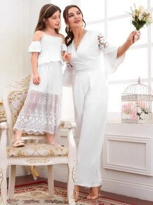 Modelyn 1入組拼接水溶蕾絲荷葉袖闊腿連體褲 - 白色 - 查看 5