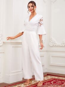 Modelyn 1入組拼接水溶蕾絲荷葉袖闊腿連體褲 - 白色 - 查看 6