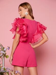 Enchnt Solid Layered Sleeve Romper - Hot Pink - View 2