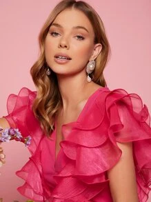 Enchnt Solid Layered Sleeve Romper - Hot Pink - View 3