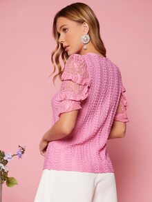 SHEIN 素色網紗拼接T恤 - 粉色 - 查看 2