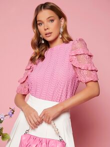 SHEIN 素色網紗拼接T恤 - 粉色 - 查看 5