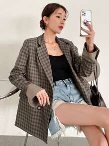 DAZY Áo khoác blazer kẻ caro cài hai hàng khuy công sở - Màu nâu  Mocha - Xem 5