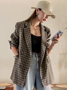 DAZY Áo khoác blazer kẻ caro cài hai hàng khuy công sở - Màu nâu  Mocha - Xem 3