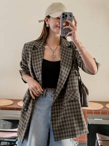 DAZY Áo khoác blazer kẻ caro cài hai hàng khuy công sở - Màu nâu  Mocha - Xem 2