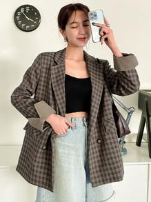 DAZY Áo khoác blazer kẻ caro cài hai hàng khuy công sở - Màu nâu  Mocha - Xem 6