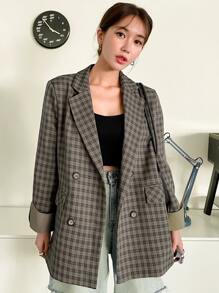 DAZY Áo khoác blazer kẻ caro cài hai hàng khuy công sở - Màu nâu  Mocha - Xem 7