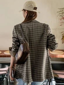 DAZY Áo khoác blazer kẻ caro cài hai hàng khuy công sở - Màu nâu  Mocha - Xem 8