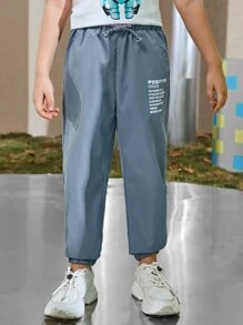 SHEIN 小男童標語圖案腰部抽繩長褲 - 霧霾藍 - 查看 3