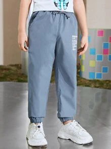 SHEIN 小男童標語圖案腰部抽繩長褲 - 霧霾藍 - 查看 4