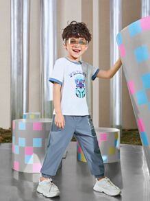 SHEIN 小男童標語圖案腰部抽繩長褲 - 霧霾藍 - 查看 5