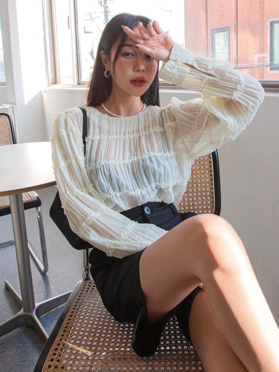 Lace Trim Textured Puff Sleeve Blouse Without Bra