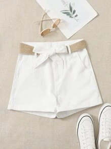 SHEIN EZwear 自綁腰帶直筒牛仔短褲