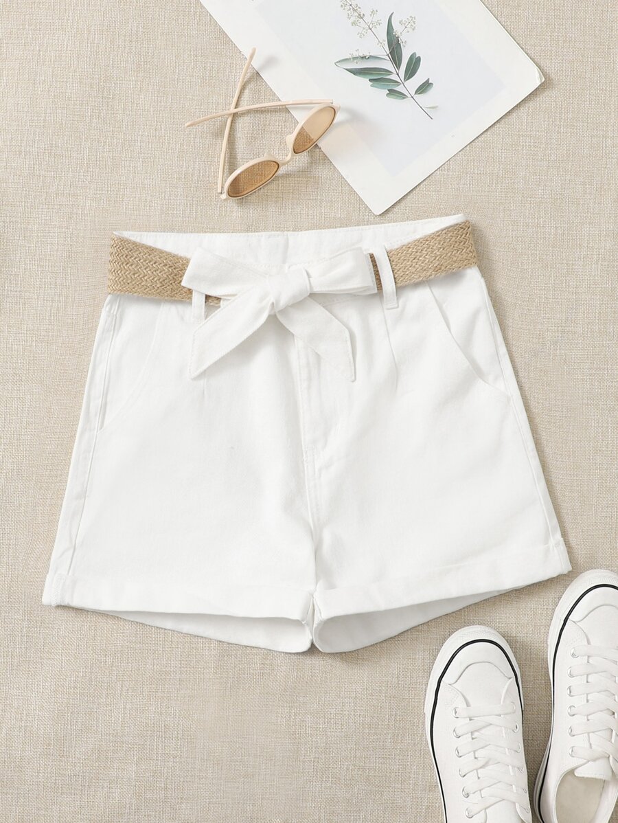 SHEIN EZwear 自綁腰帶直筒牛仔短褲