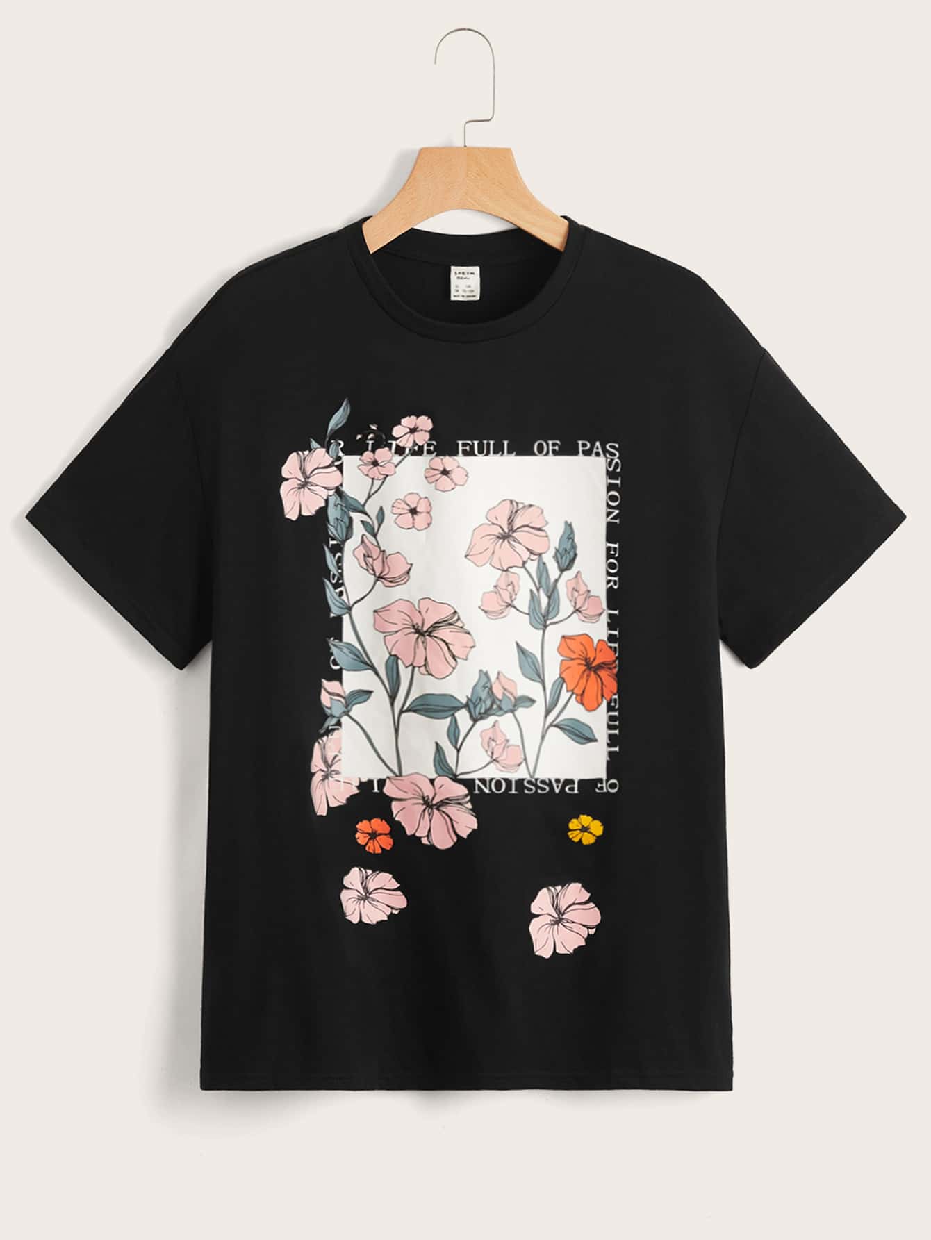 SHEIN Tops con gái Hoa Lá thư Giải trí - màu đen - Xem 1