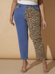 大碼拼接豹紋媽媽牛仔褲 - 彩色 - 查看 1