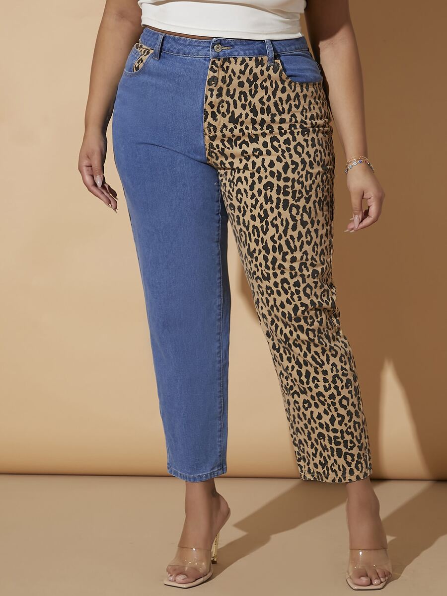 大碼拼接豹紋媽媽牛仔褲 - 彩色 - 查看 1