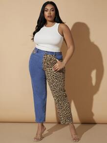 大碼拼接豹紋媽媽牛仔褲 - 彩色 - 查看 4
