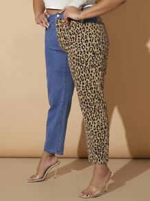大碼拼接豹紋媽媽牛仔褲 - 彩色 - 查看 5