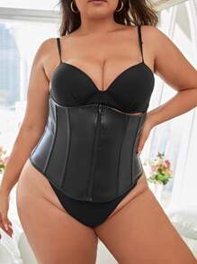 Plus Plain Zip Front Underbust Corset - Black - View 1