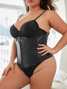 Plus Plain Zip Front Underbust Corset - Black - View 3