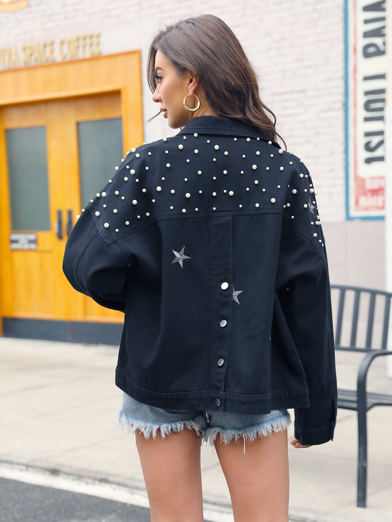 Pearl Beaded Star Embroidered Denim 