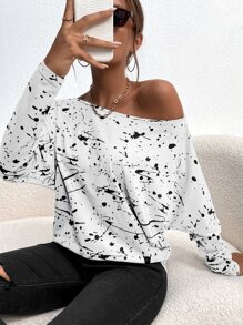 SHEIN Essnce Camiseta con estampado todo sobre con cuello de barco, camisetas gráficas para mujer - Blanco - Ver 6