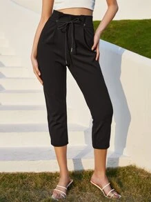 SHEIN 素色紙袋腰長褲 - 黑色 - 查看 1