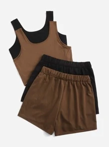 Flirla Bộ đồ du lịch thường ngày nhiều mảnh cỡ lớn gồm áo ba lỗ và quần short màu trơn - Nhiều màu - Xem 2