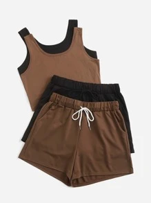 Flirla Bộ đồ du lịch thường ngày nhiều mảnh cỡ lớn gồm áo ba lỗ và quần short màu trơn - Nhiều màu - Xem 3